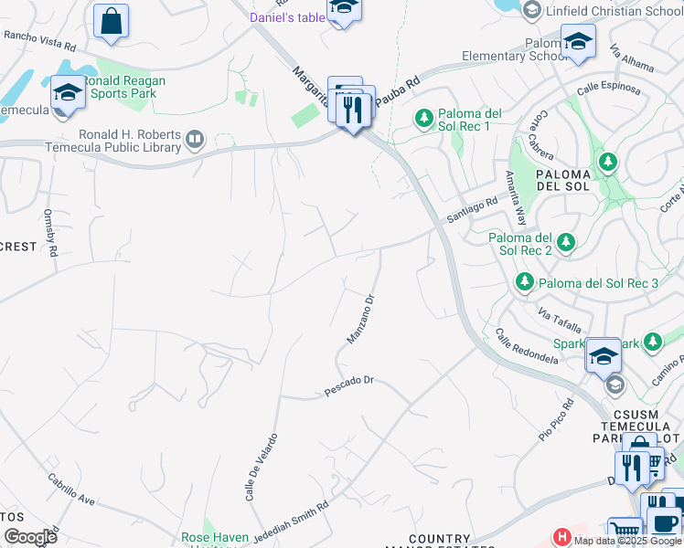 map of restaurants, bars, coffee shops, grocery stores, and more near 31150 Mariposa Place in Temecula