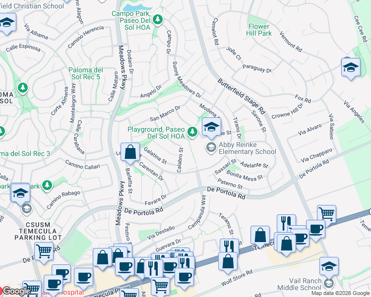 map of restaurants, bars, coffee shops, grocery stores, and more near 43764 Calabro Street in Temecula