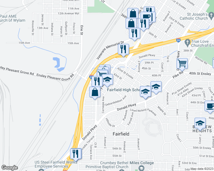 map of restaurants, bars, coffee shops, grocery stores, and more near Gary Alley in Fairfield