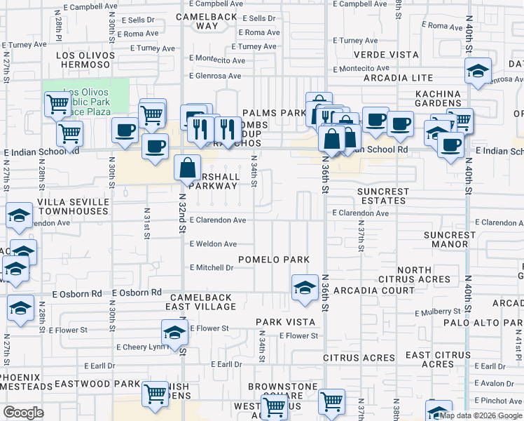 map of restaurants, bars, coffee shops, grocery stores, and more near 3409 East Indianola Avenue in Phoenix