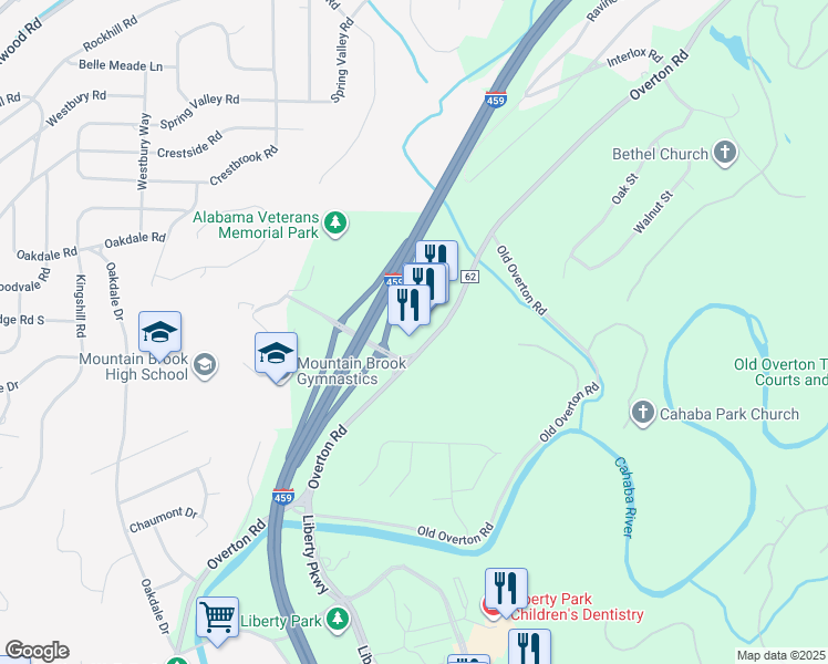 map of restaurants, bars, coffee shops, grocery stores, and more near 4490 Overton Road in Birmingham