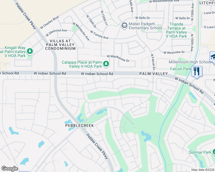 map of restaurants, bars, coffee shops, grocery stores, and more near 15534 Piccadilly Road in Goodyear