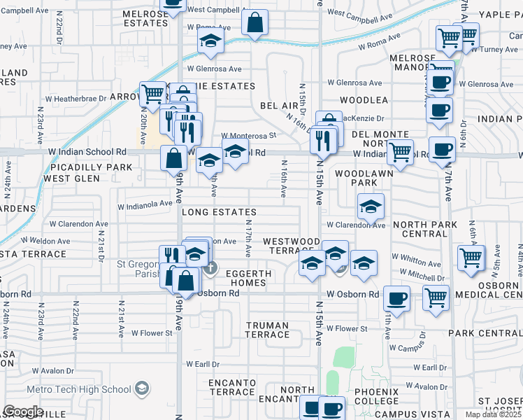 map of restaurants, bars, coffee shops, grocery stores, and more near 1629 West Indianola Avenue in Phoenix