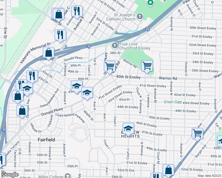 map of restaurants, bars, coffee shops, grocery stores, and more near 940 41st Street Ensley in Birmingham