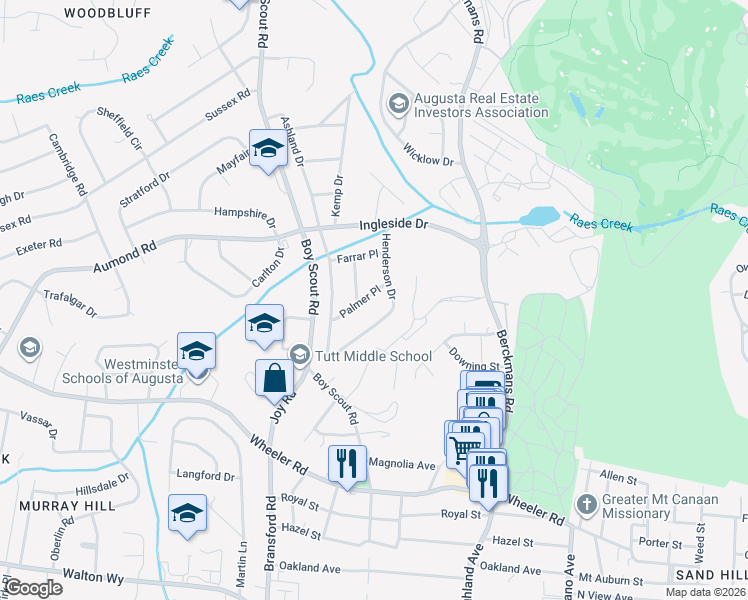 map of restaurants, bars, coffee shops, grocery stores, and more near 2804 Palmer Place in Augusta