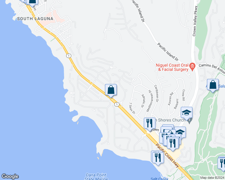 map of restaurants, bars, coffee shops, grocery stores, and more near 32421 Via Antibes in Dana Point