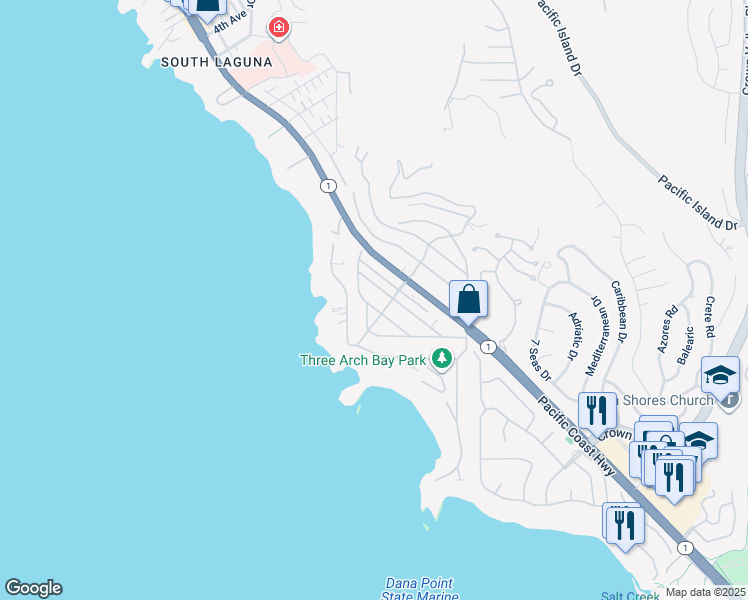 map of restaurants, bars, coffee shops, grocery stores, and more near 7 North Alta Mira Road in Laguna Beach