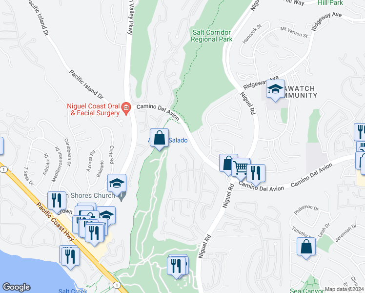 map of restaurants, bars, coffee shops, grocery stores, and more near 9 San Raphael in Dana Point