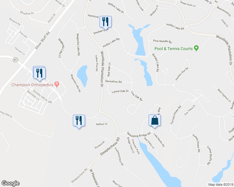 map of restaurants, bars, coffee shops, grocery stores, and more near 114 Laurel Oak Dr in Aiken