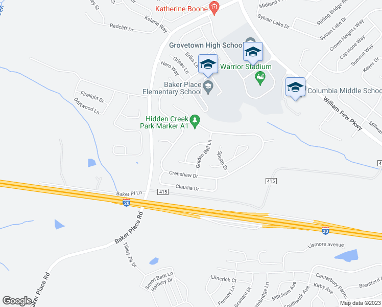 map of restaurants, bars, coffee shops, grocery stores, and more near 1520 Old Spruce Lane in Grovetown
