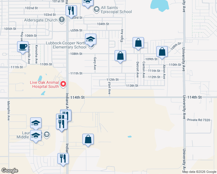 map of restaurants, bars, coffee shops, grocery stores, and more near 3101 113th Street in Lubbock