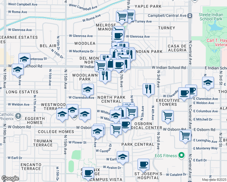 map of restaurants, bars, coffee shops, grocery stores, and more near 811 West Fairmount Avenue in Phoenix