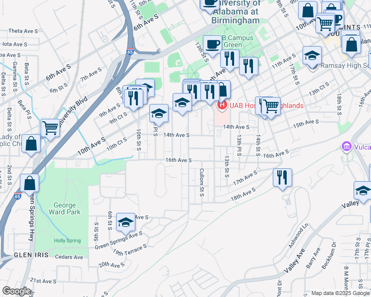 map of restaurants, bars, coffee shops, grocery stores, and more near 1428 11th Place South in Birmingham