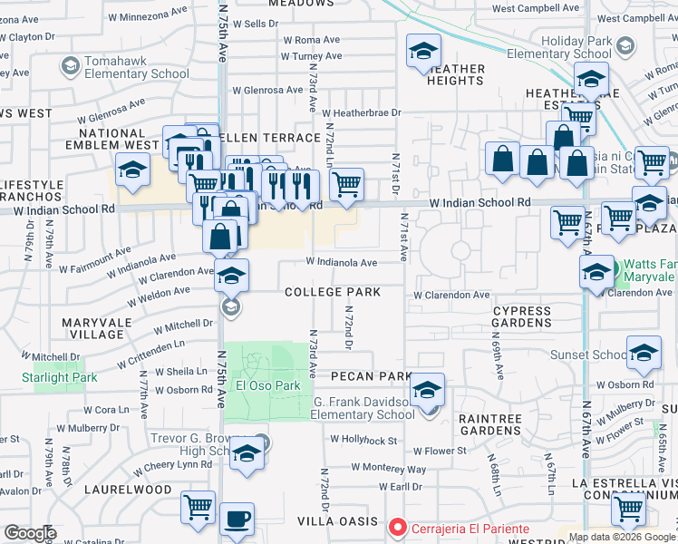 map of restaurants, bars, coffee shops, grocery stores, and more near 3813 North 72nd Lane in Phoenix