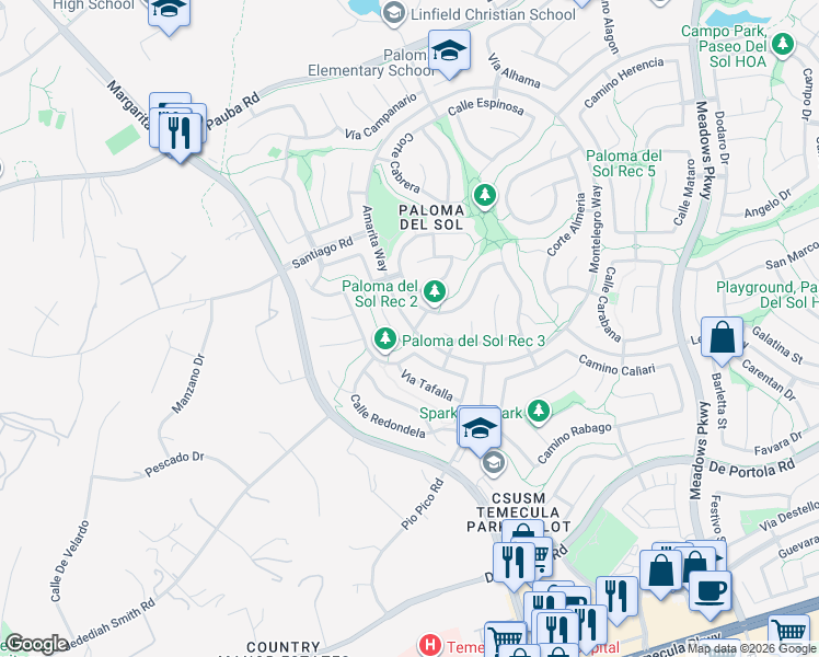 map of restaurants, bars, coffee shops, grocery stores, and more near 1134 Amarita Way in Temecula