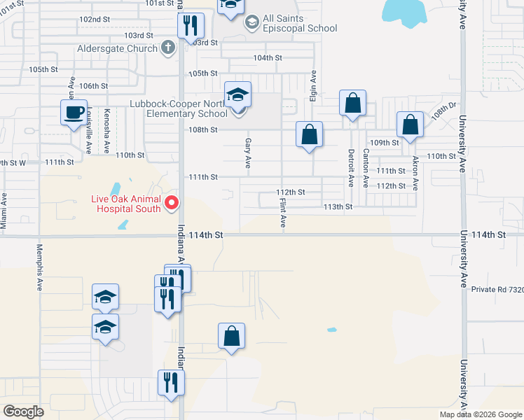 map of restaurants, bars, coffee shops, grocery stores, and more near 3123 113th Street in Lubbock