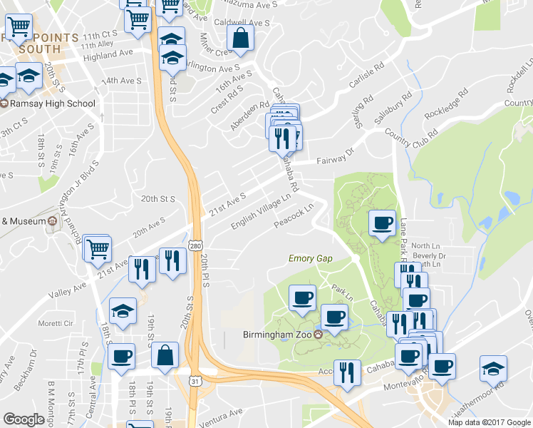 map of restaurants, bars, coffee shops, grocery stores, and more near 2225 English Village Lane in Birmingham