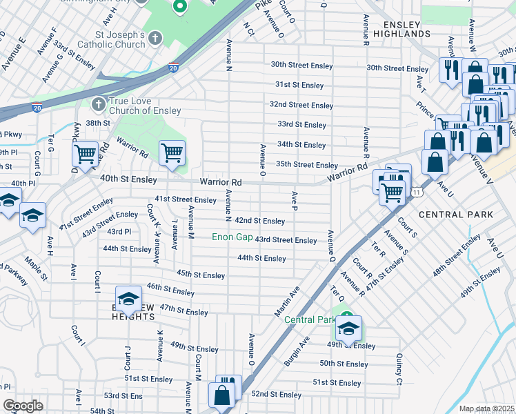 map of restaurants, bars, coffee shops, grocery stores, and more near 1441 41st Street Ensley in Birmingham