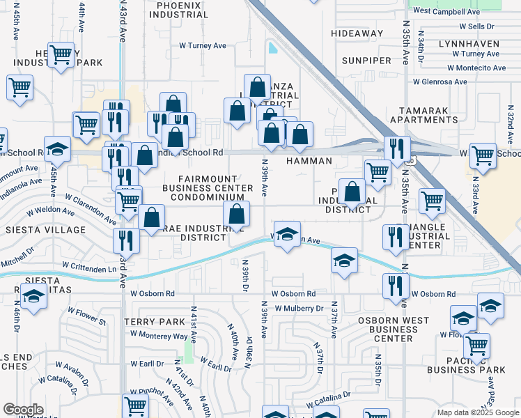 map of restaurants, bars, coffee shops, grocery stores, and more near 3812 North 39th Avenue in Phoenix