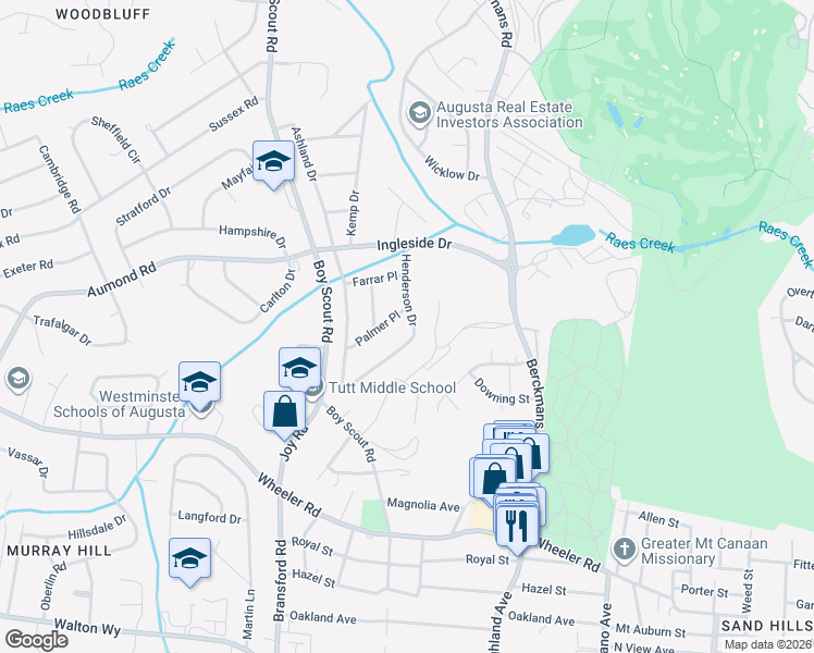 map of restaurants, bars, coffee shops, grocery stores, and more near 2804 Palmer Place in Augusta