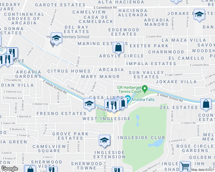 map of restaurants, bars, coffee shops, grocery stores, and more near 5510 East Calle Camelia in Phoenix