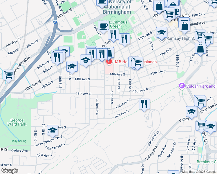 map of restaurants, bars, coffee shops, grocery stores, and more near 1215 15th Avenue South in Birmingham