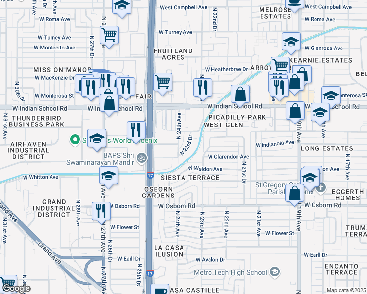 map of restaurants, bars, coffee shops, grocery stores, and more near 3824 North 23rd Drive in Phoenix