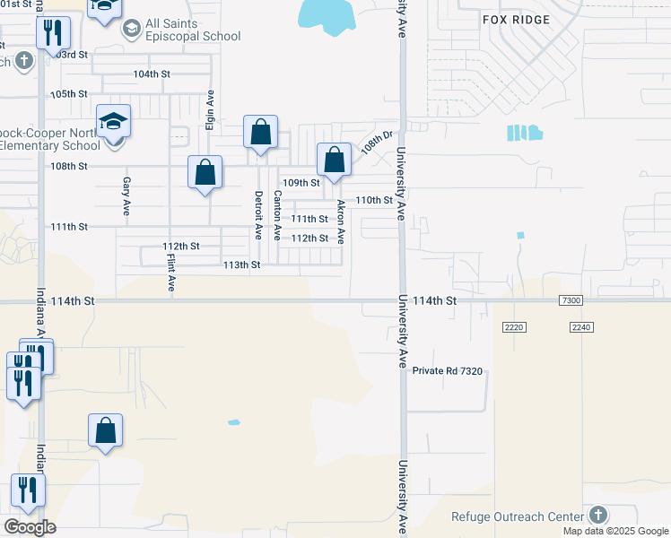 map of restaurants, bars, coffee shops, grocery stores, and more near 2611 113th Street in Lubbock