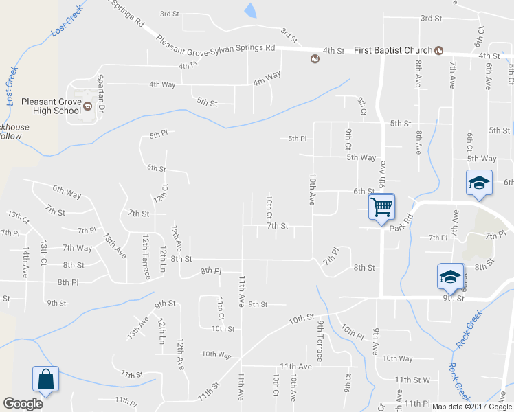 map of restaurants, bars, coffee shops, grocery stores, and more near 617 10th Terrace in Pleasant Grove