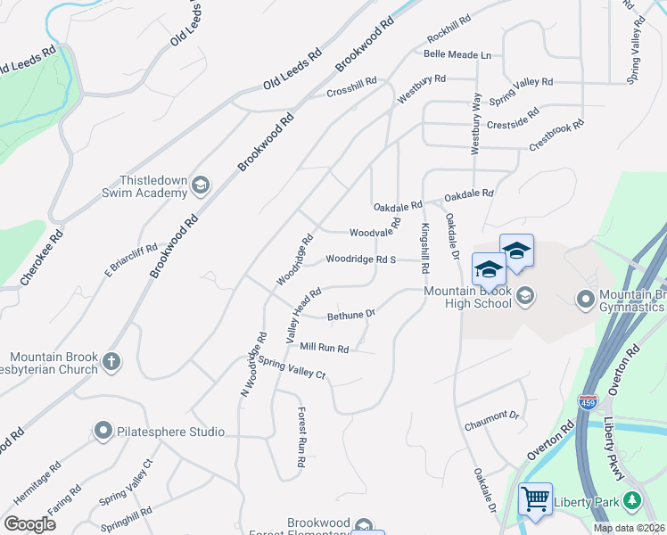 map of restaurants, bars, coffee shops, grocery stores, and more near 3517 Woodridge Road South in Birmingham