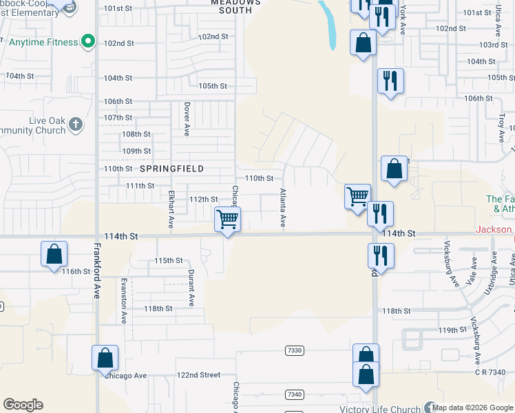 map of restaurants, bars, coffee shops, grocery stores, and more near 5402 112th Street in Lubbock