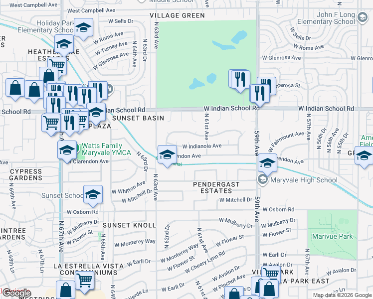 map of restaurants, bars, coffee shops, grocery stores, and more near 6135 West Indianola Avenue in Phoenix