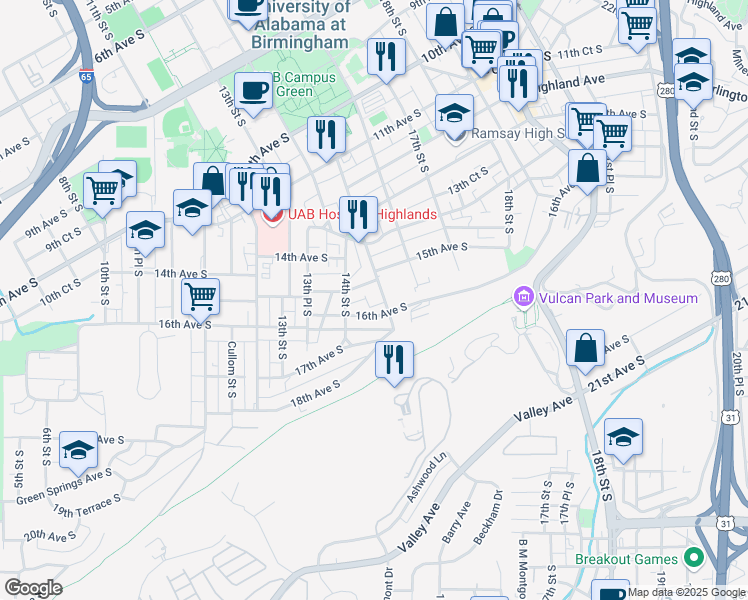 map of restaurants, bars, coffee shops, grocery stores, and more near 1542 15th Street South in Birmingham