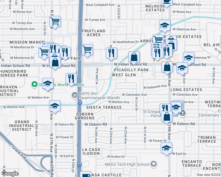 map of restaurants, bars, coffee shops, grocery stores, and more near 3810 North 23rd Avenue in Phoenix