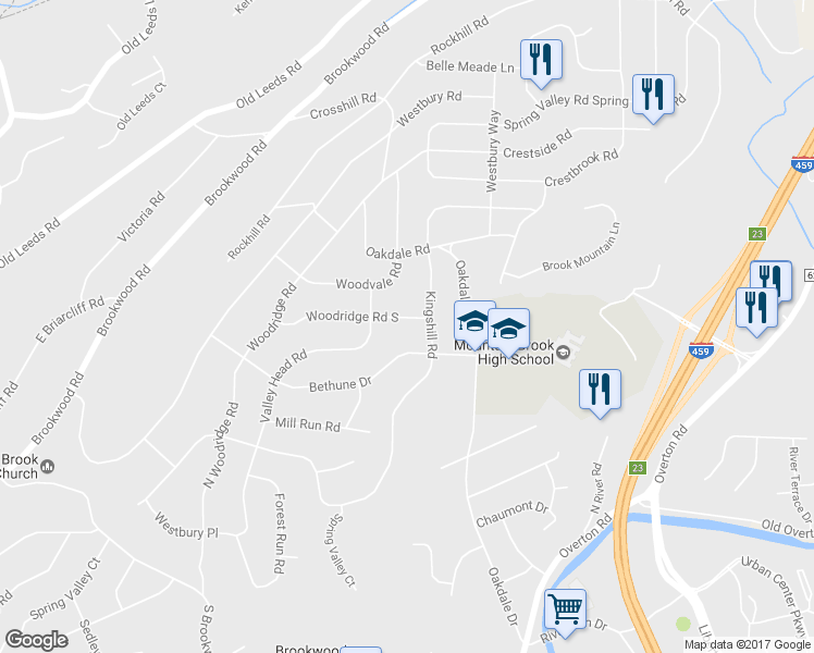 map of restaurants, bars, coffee shops, grocery stores, and more near 3535 Woodridge Road South in Birmingham
