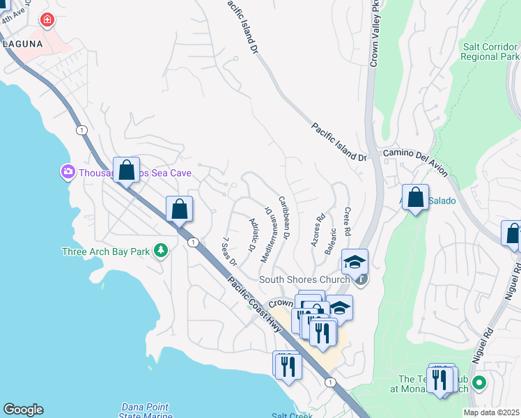 map of restaurants, bars, coffee shops, grocery stores, and more near 32451 Mediterranean Drive in Dana Point
