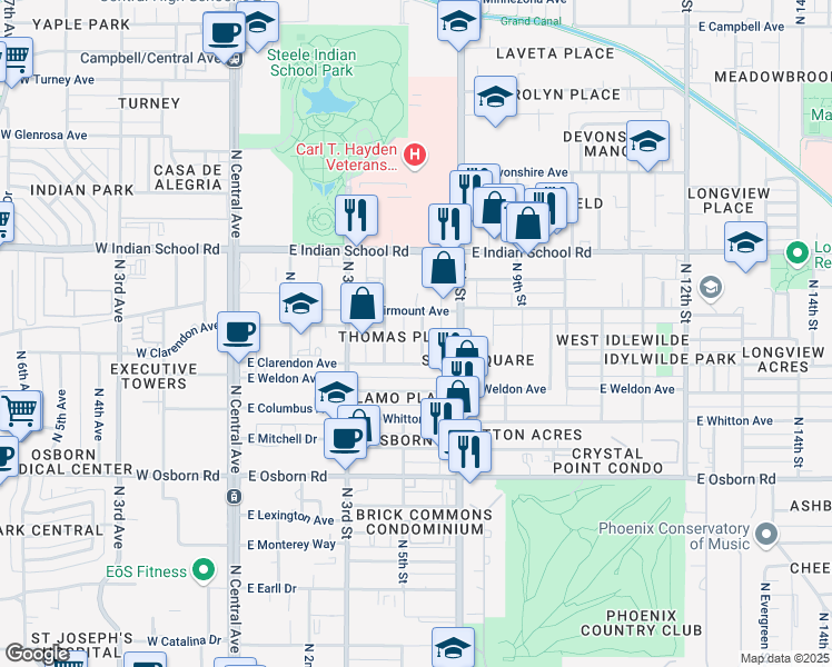 map of restaurants, bars, coffee shops, grocery stores, and more near 3826 North 6th Street in Phoenix
