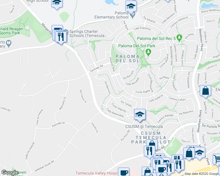map of restaurants, bars, coffee shops, grocery stores, and more near 43480 Vía Barrozo in Temecula
