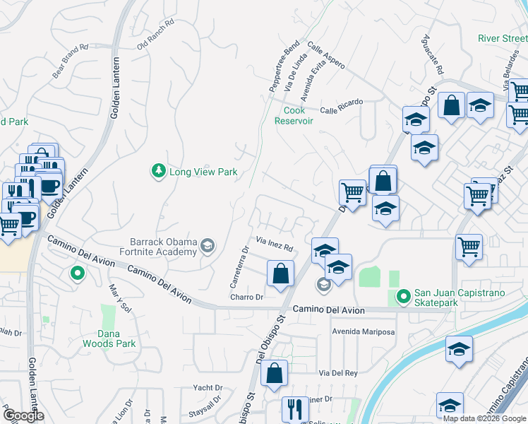 map of restaurants, bars, coffee shops, grocery stores, and more near 25555 Windjammer Drive in San Juan Capistrano