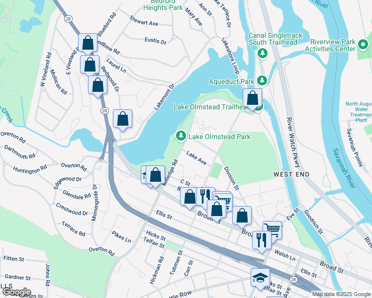 map of restaurants, bars, coffee shops, grocery stores, and more near 94 Milledge Road in Augusta