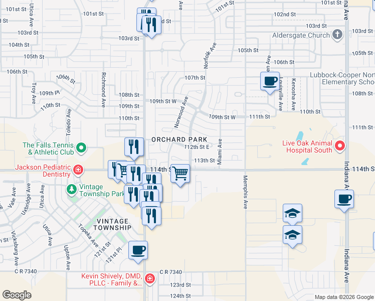 map of restaurants, bars, coffee shops, grocery stores, and more near 4001 112th Street in Lubbock