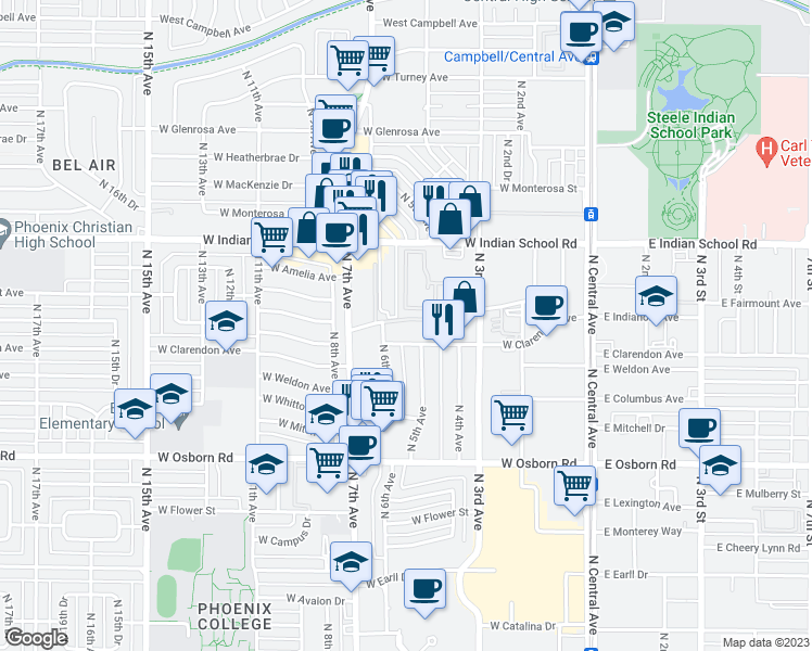 map of restaurants, bars, coffee shops, grocery stores, and more near 520 West Clarendon Avenue in Phoenix