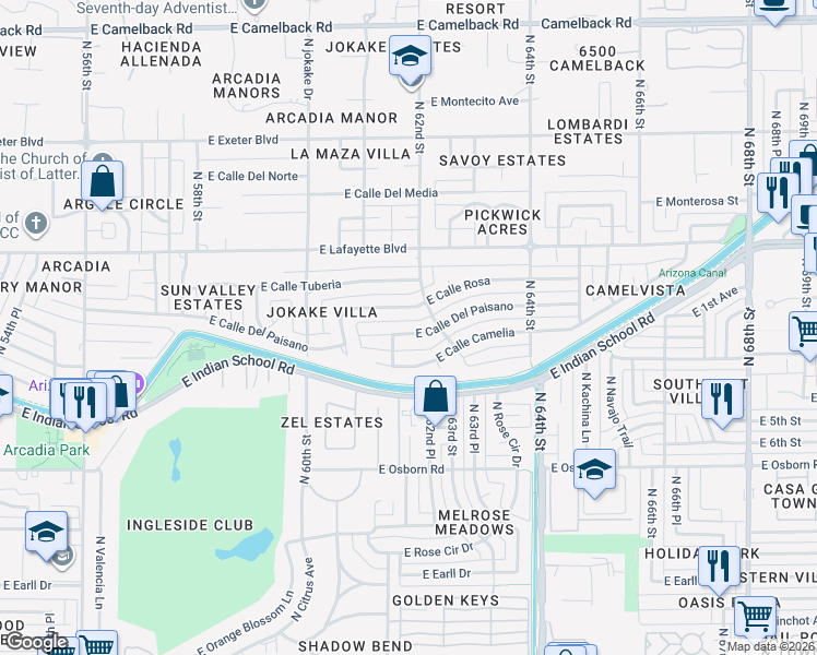 map of restaurants, bars, coffee shops, grocery stores, and more near 6114 East Calle Del Paisano in Scottsdale