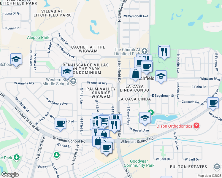 map of restaurants, bars, coffee shops, grocery stores, and more near 14156 Piccadilly Road in Goodyear