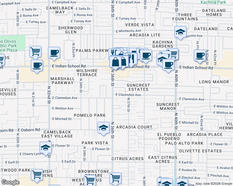 map of restaurants, bars, coffee shops, grocery stores, and more near 3610 East Clarendon Avenue in Phoenix