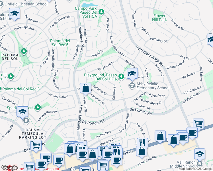 map of restaurants, bars, coffee shops, grocery stores, and more near 32496 Bergamo Court in Temecula
