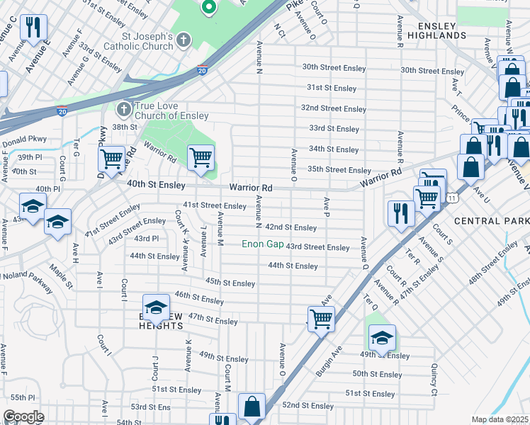 map of restaurants, bars, coffee shops, grocery stores, and more near 1405 41st Street Ensley in Birmingham