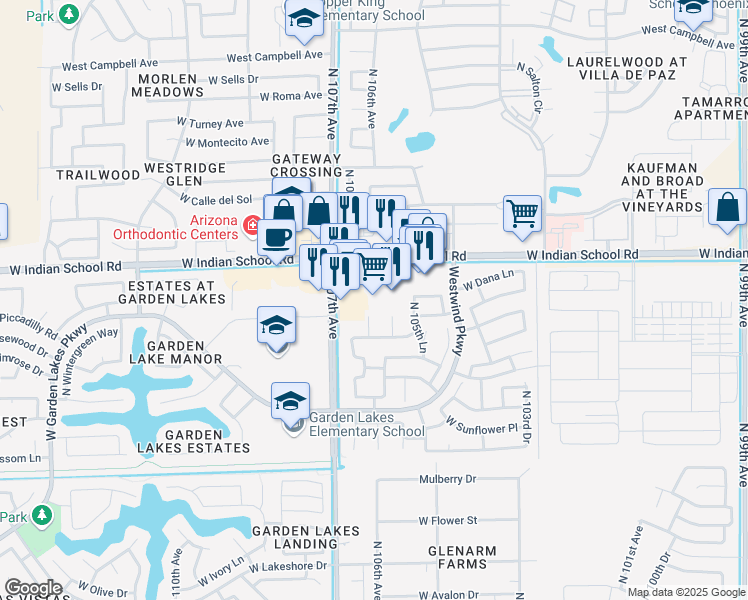 map of restaurants, bars, coffee shops, grocery stores, and more near 10675 West Indian School Road in Avondale