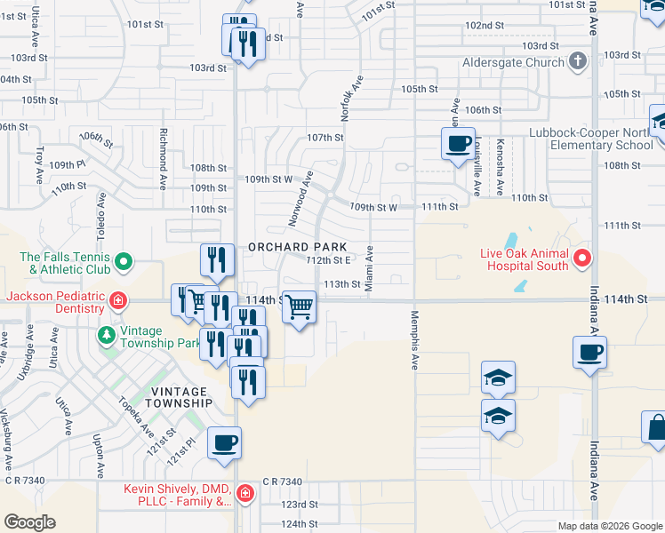 map of restaurants, bars, coffee shops, grocery stores, and more near 4001 112th Street in Lubbock