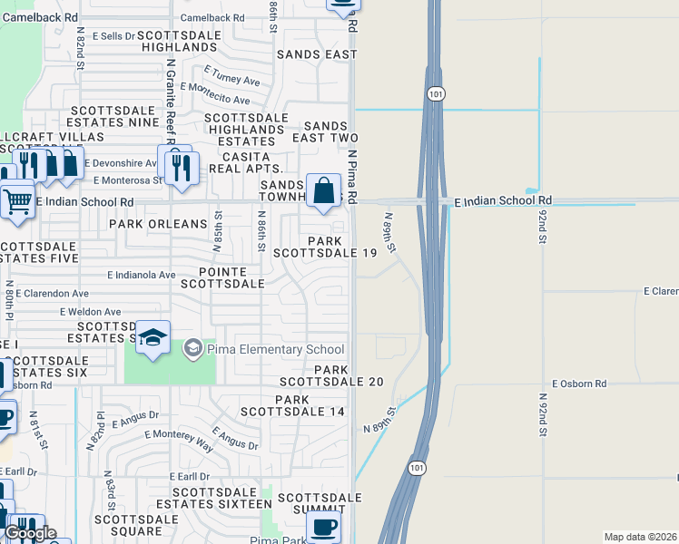 map of restaurants, bars, coffee shops, grocery stores, and more near 8744 East Clarendon Avenue in Scottsdale
